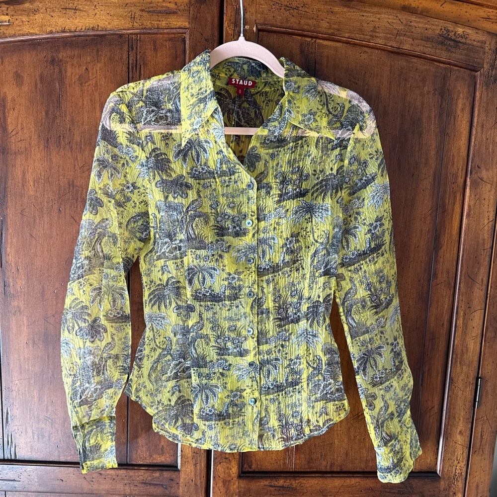 STAUD Brady Marigold Mesh Toile Yellow Sheer Print Blouse Top XS